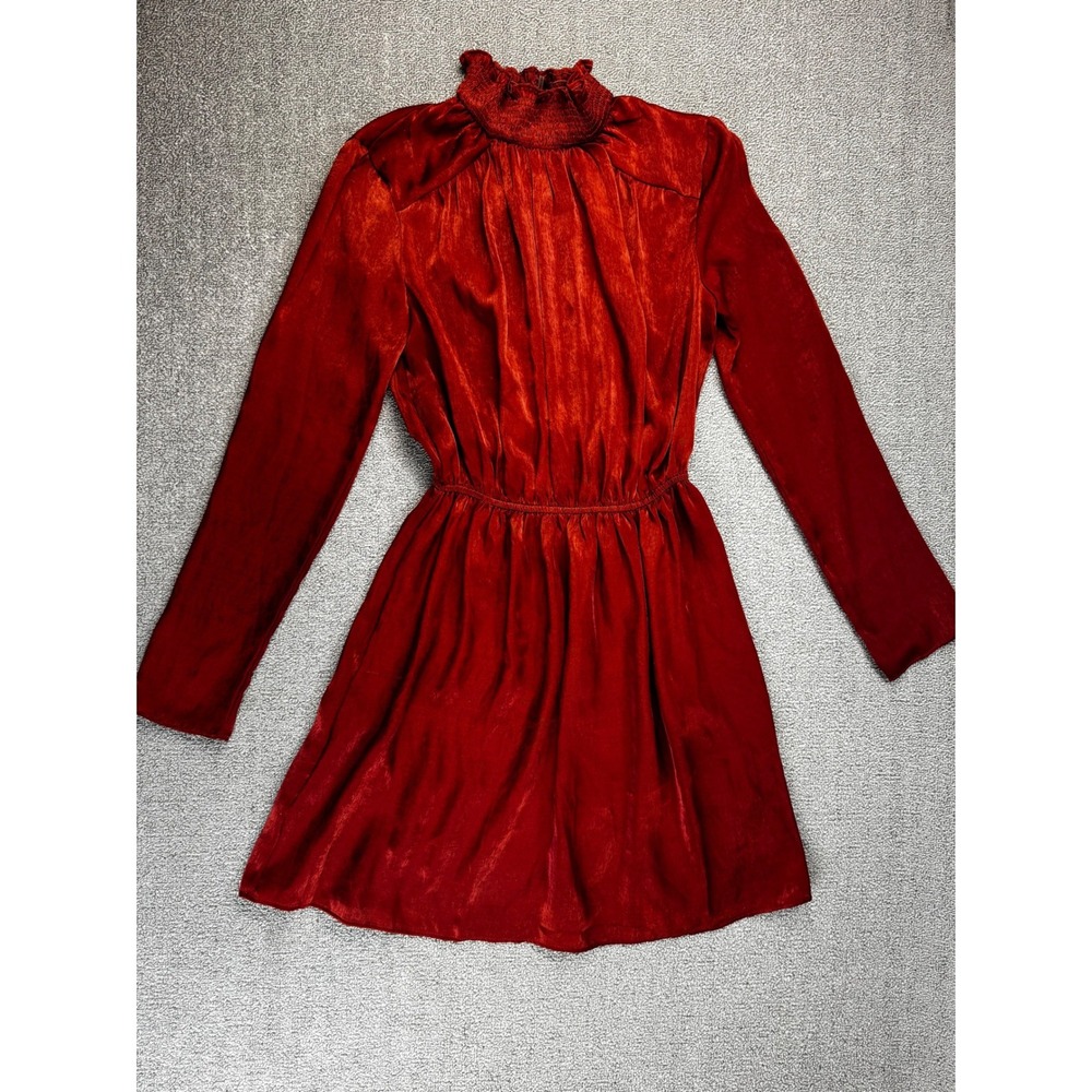 Endless Rose Dress XS Rust Red Satin Smocked‎ Mock Neck Mini Long Sleeve XS